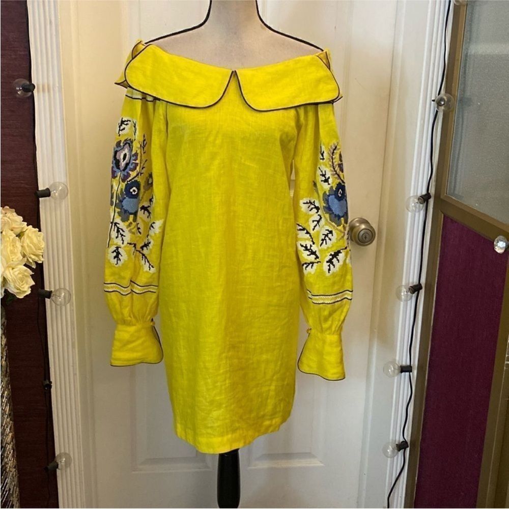 Yuliya Magdych Elegant Yellow Long Sleeve Dress with Floral Embroidery, M